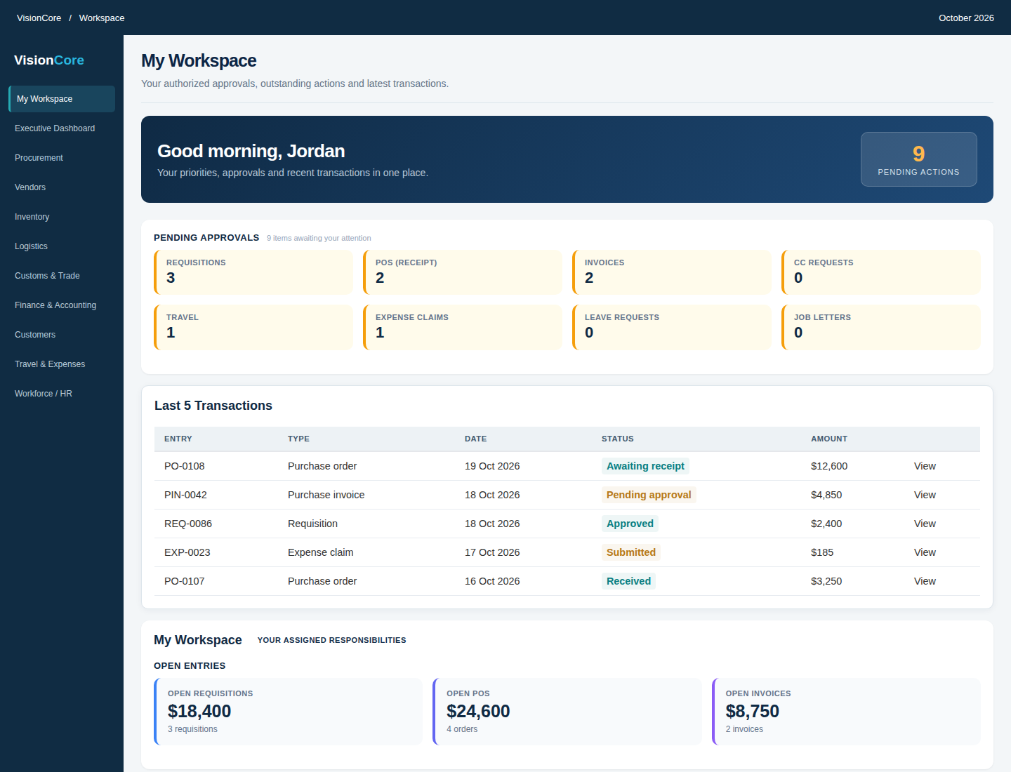 VisionCore My Workspace demo dashboard with pending approvals, recent transactions and open purchase entries.